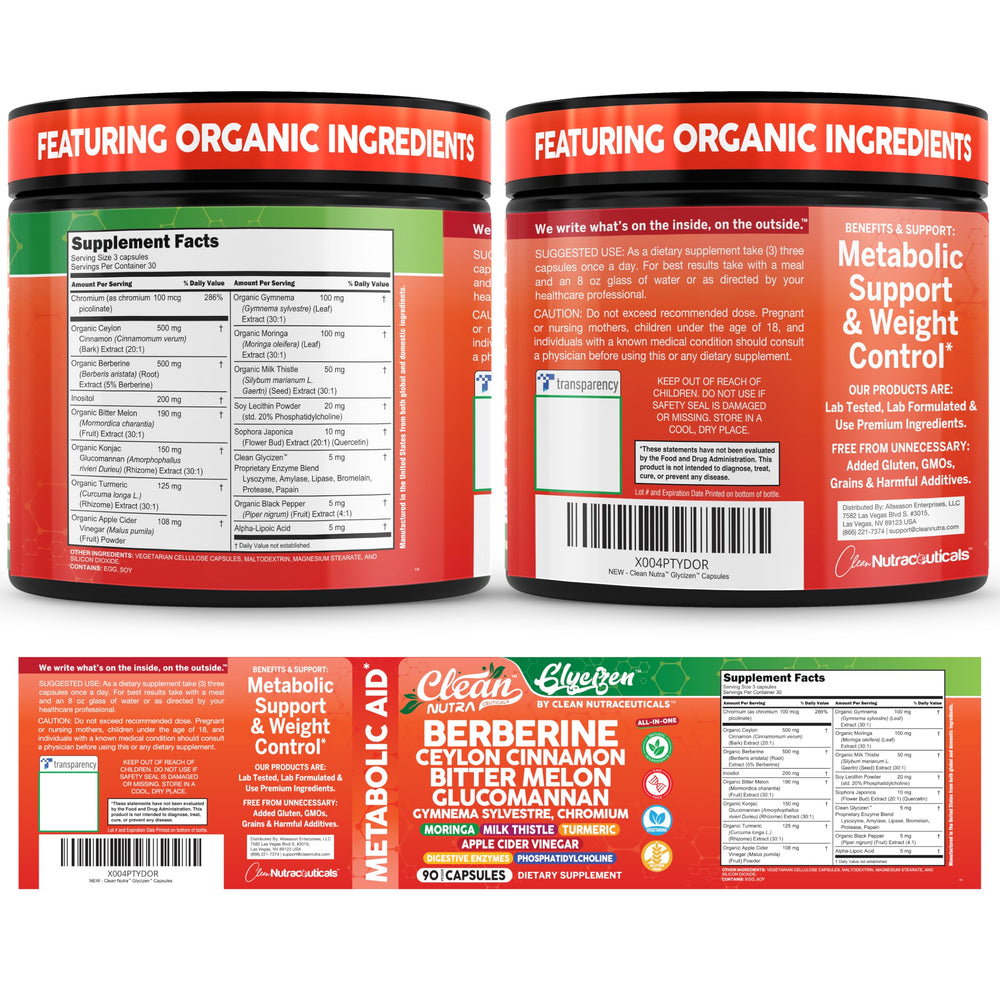 Clean Nutraceuticals bottle back-label detail lists key ingredients and serving size