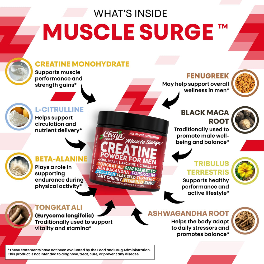 Clean Nutraceuticals Creatine ingredients panel highlights BCAA and HMB synergy.