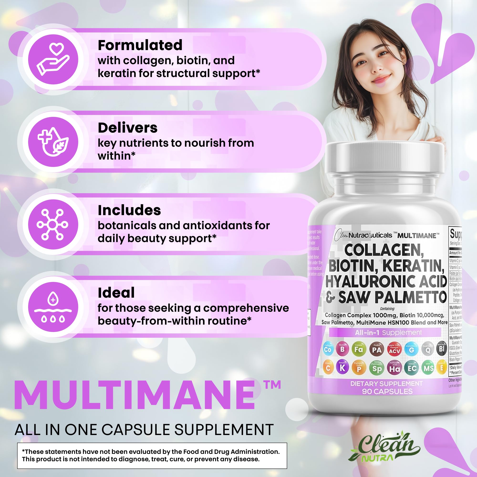 Clean Nutraceuticals DHT blocker blend promotes balanced hair health.