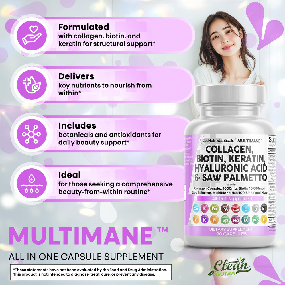 Clean Nutraceuticals DHT blocker blend promotes balanced hair health.