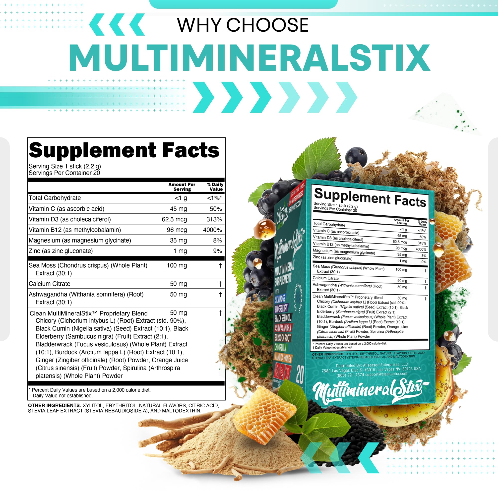 Ingredients from Clean Nutraceuticals including elderberry and ashwagandha displayed.