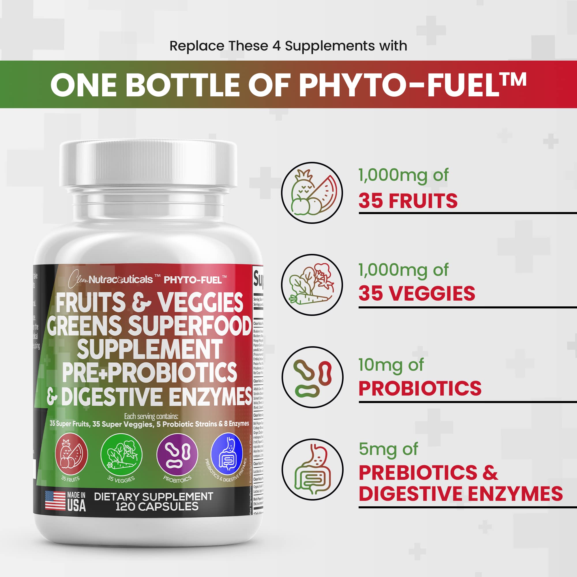Front label highlighting over 70 superfoods for comprehensive nutrition
