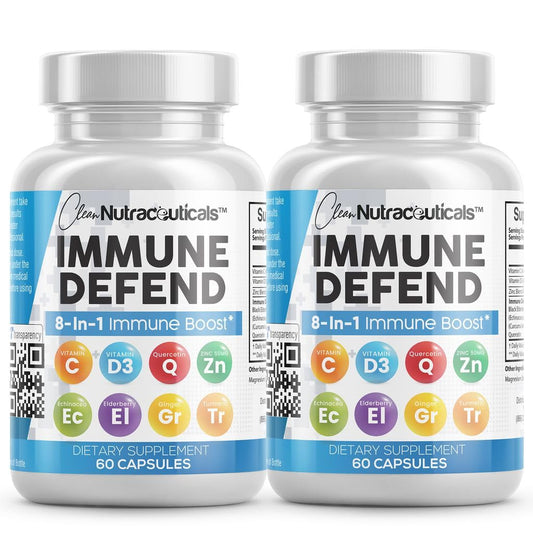 Clean Nutraceuticals Immune Defense bottle front showing 8-in-1 formula for daily support
