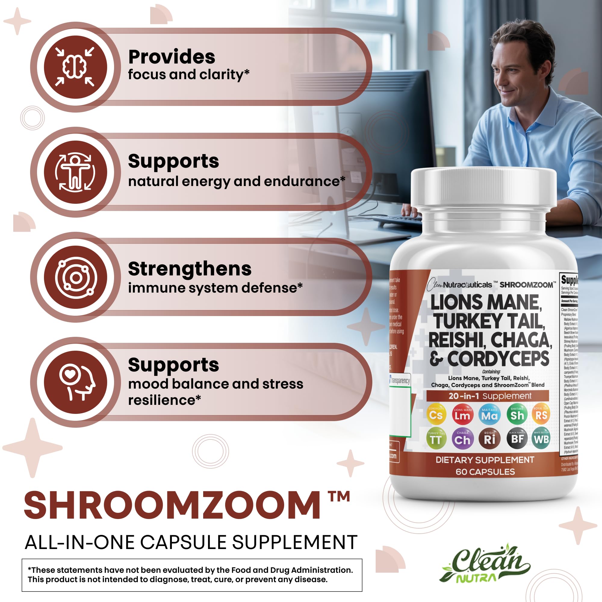 Clean Nutraceuticals Ingredient list shows variety of mushrooms