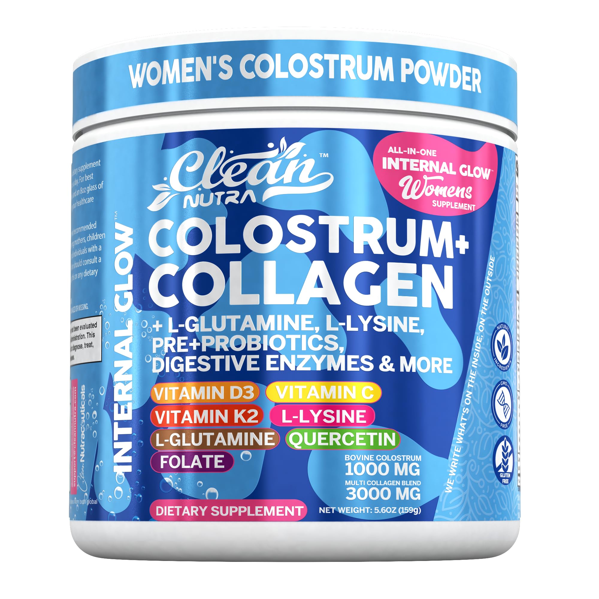 Clean Nutraceuticals Internal Glow bottle showing the gut health formula for daily use