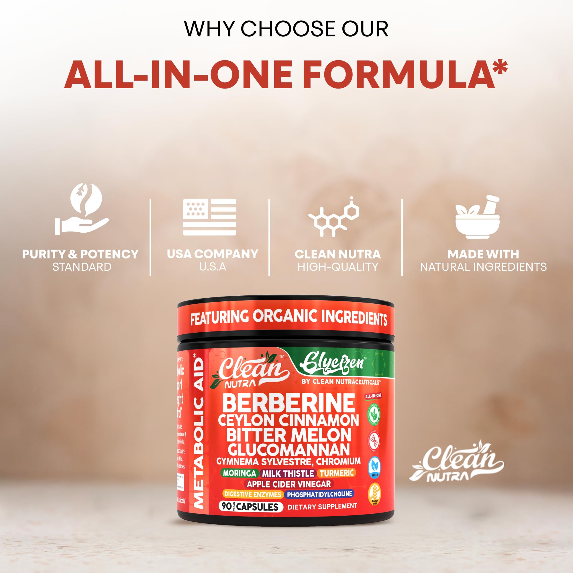 Clean Nutraceuticals Made in USA badge communicates quality