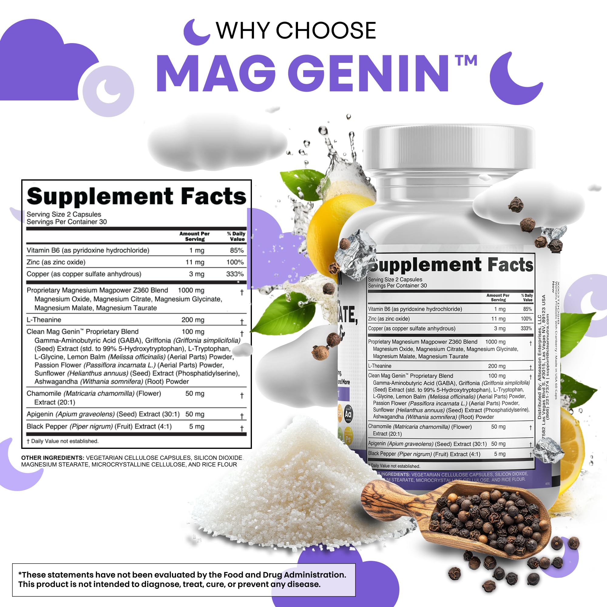 Label view showing Apigenin 50 mg within Mag Genin blend