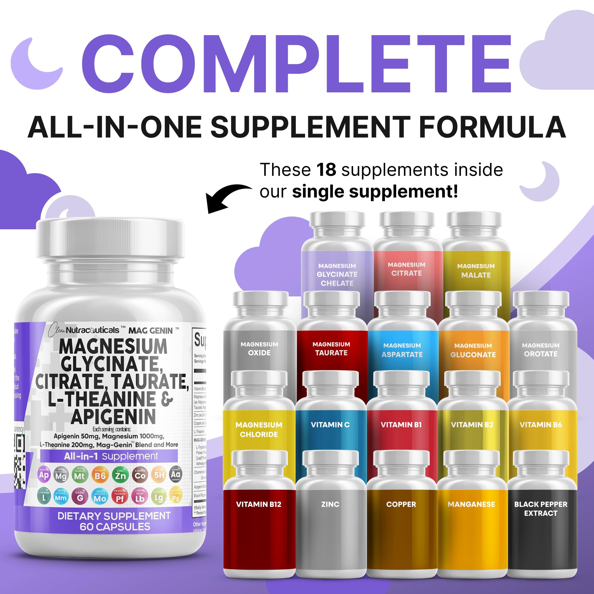 Close-up of Mag Genin capsules highlighting blend of magnesium forms