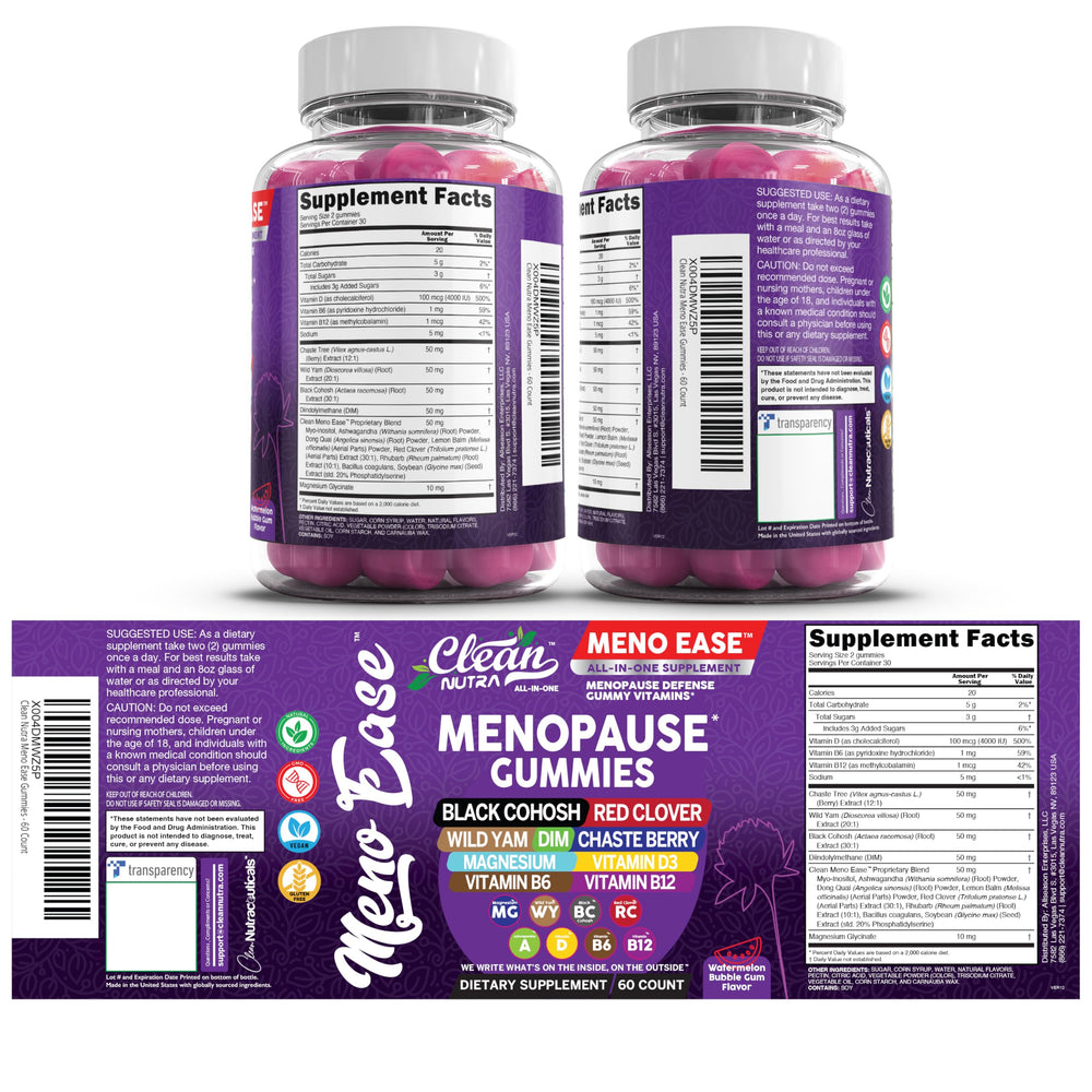 Packaging display of Clean Nutraceuticals menopause gummies with user-friendly label