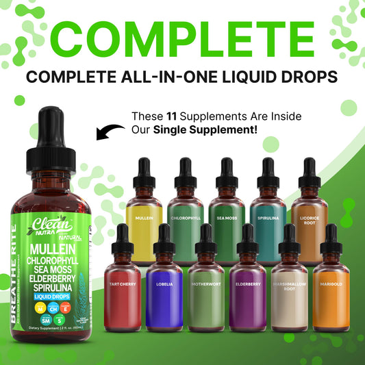 Clean Nutraceuticals Mullein Liquid Drops dropper releasing an herbal blend for airway comfort.