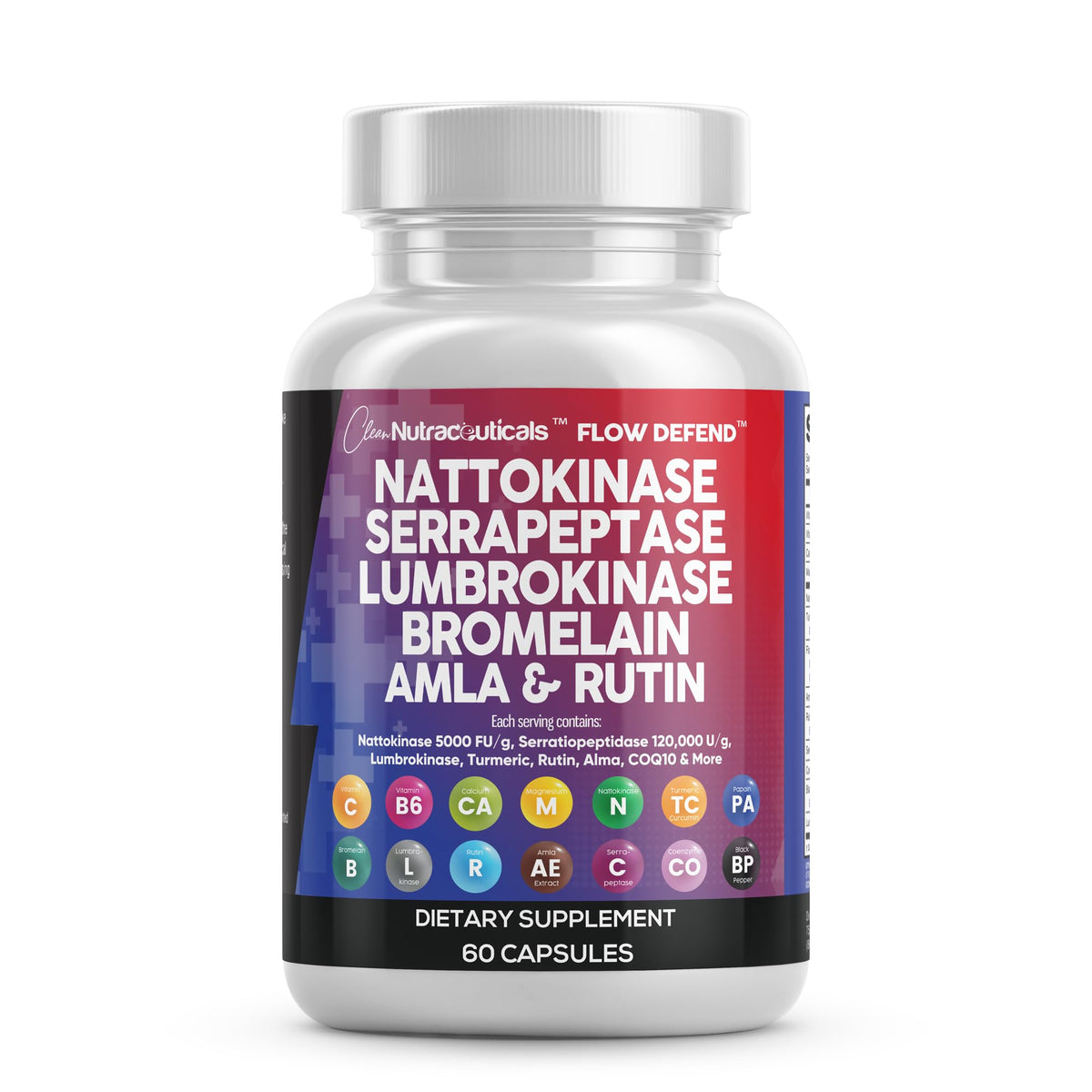 Clean Nutraceuticals nattokinase-serrapeptase-lumbrokinase bottle front for daily use.
