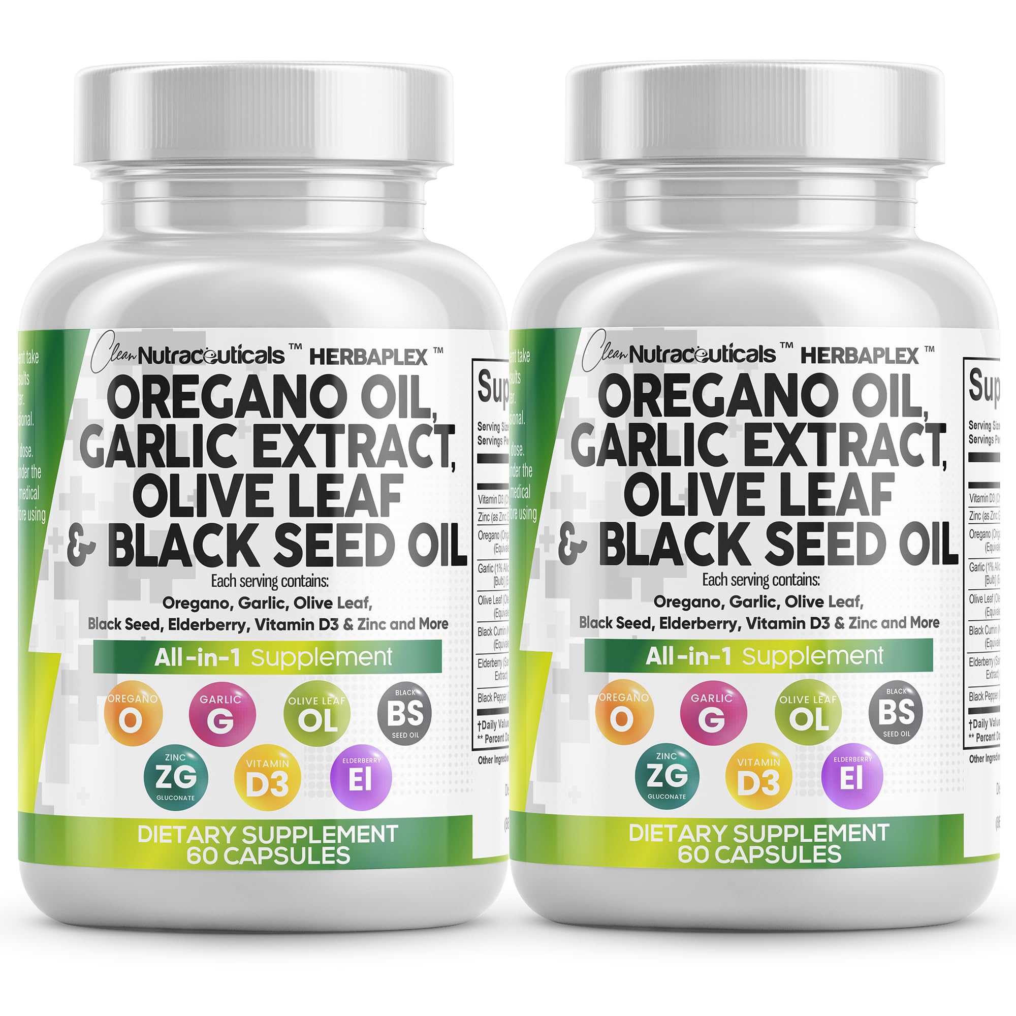Clean Nutraceuticals oregano oil garlic extract olive leaf bottle highlights immune support potential