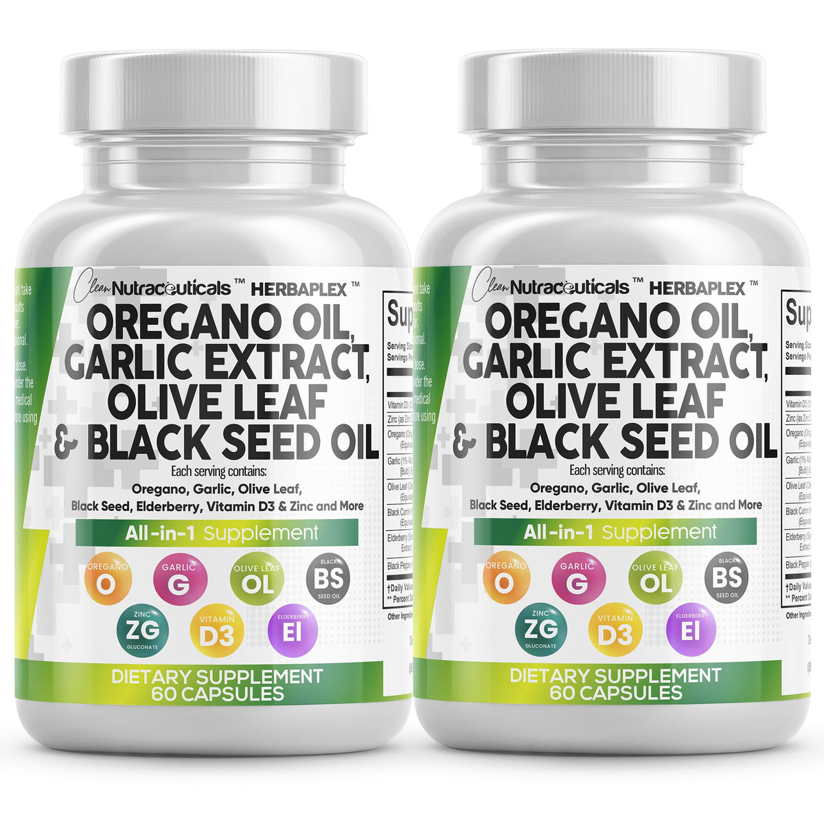 Clean Nutraceuticals oregano oil garlic extract olive leaf bottle highlights immune support potential