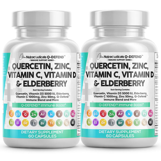 Clean Nutraceuticals Q Defend quercetin bottle showing all-in-one immune support