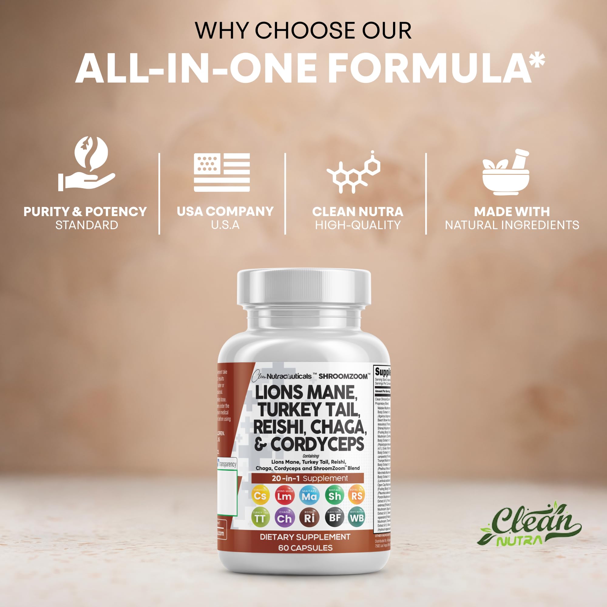 Clean Nutraceuticals Serving ideas with mushroom capsules and scoop