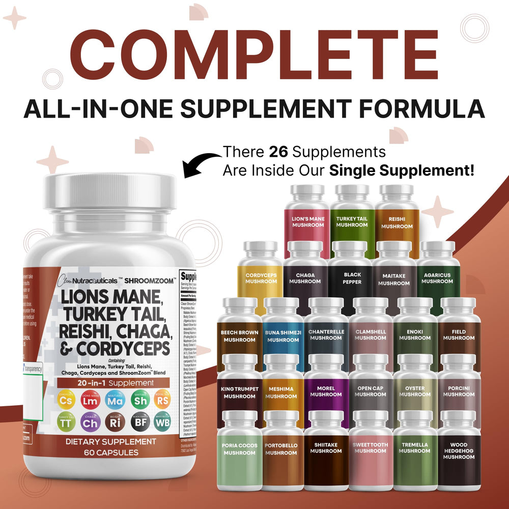 Clean Nutraceuticals ShroomZoom blend capsules closeup showing diverse ingredients for vitality