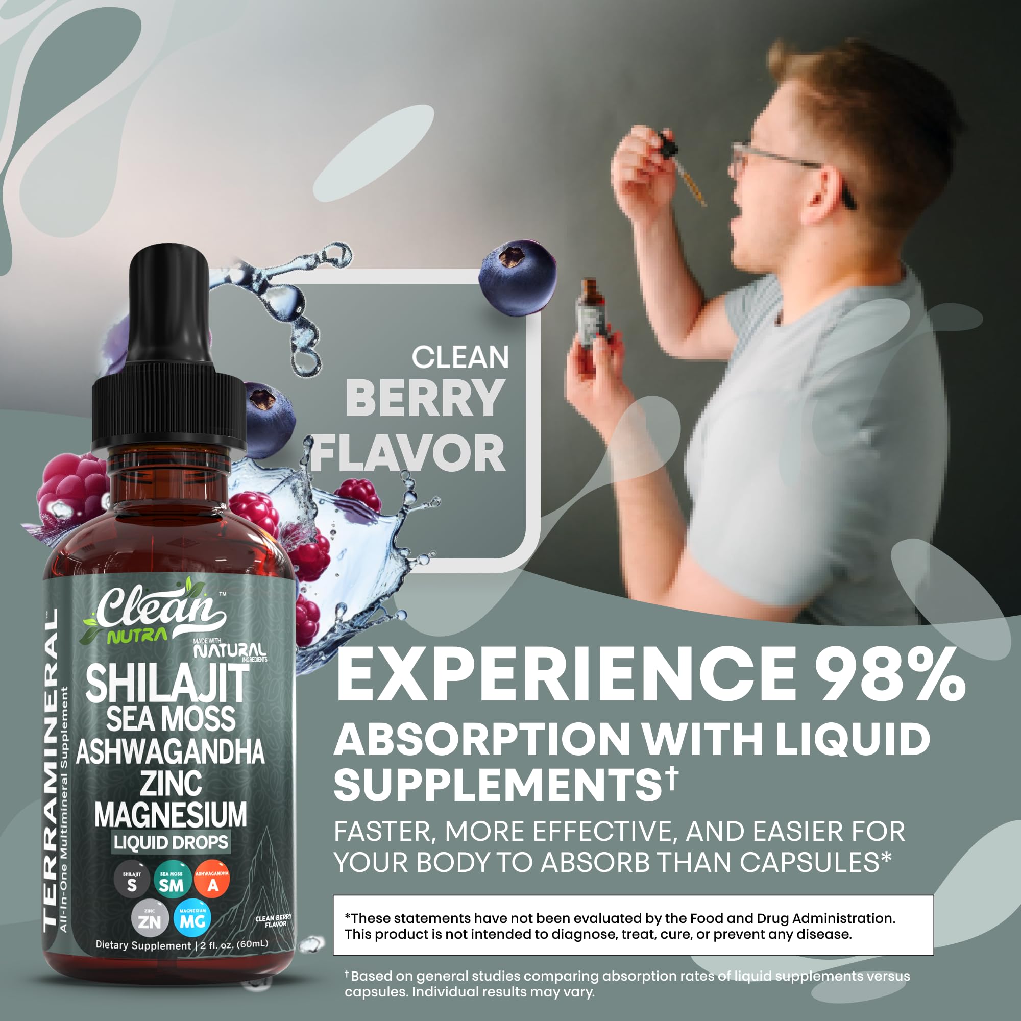 Clean Nutraceuticals Terra Mineral drops in water visual shows easy mixing.