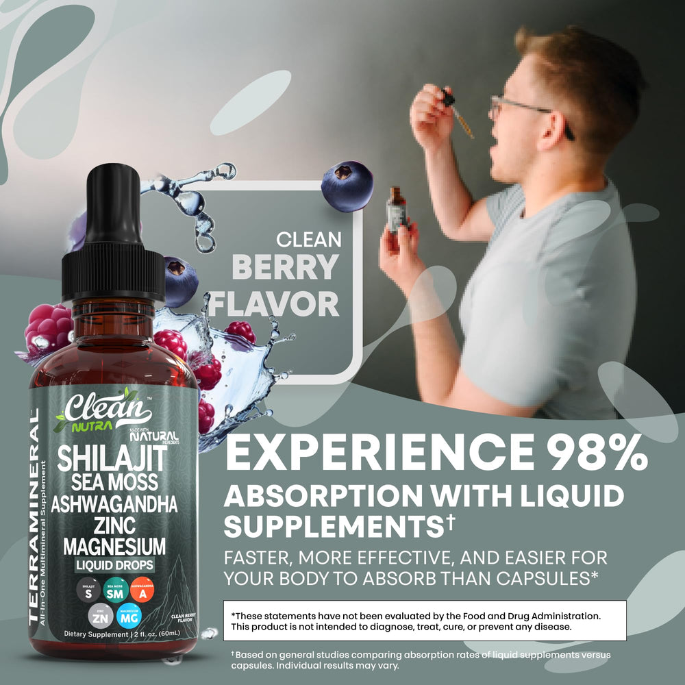 Clean Nutraceuticals Terra Mineral drops in water visual shows easy mixing.