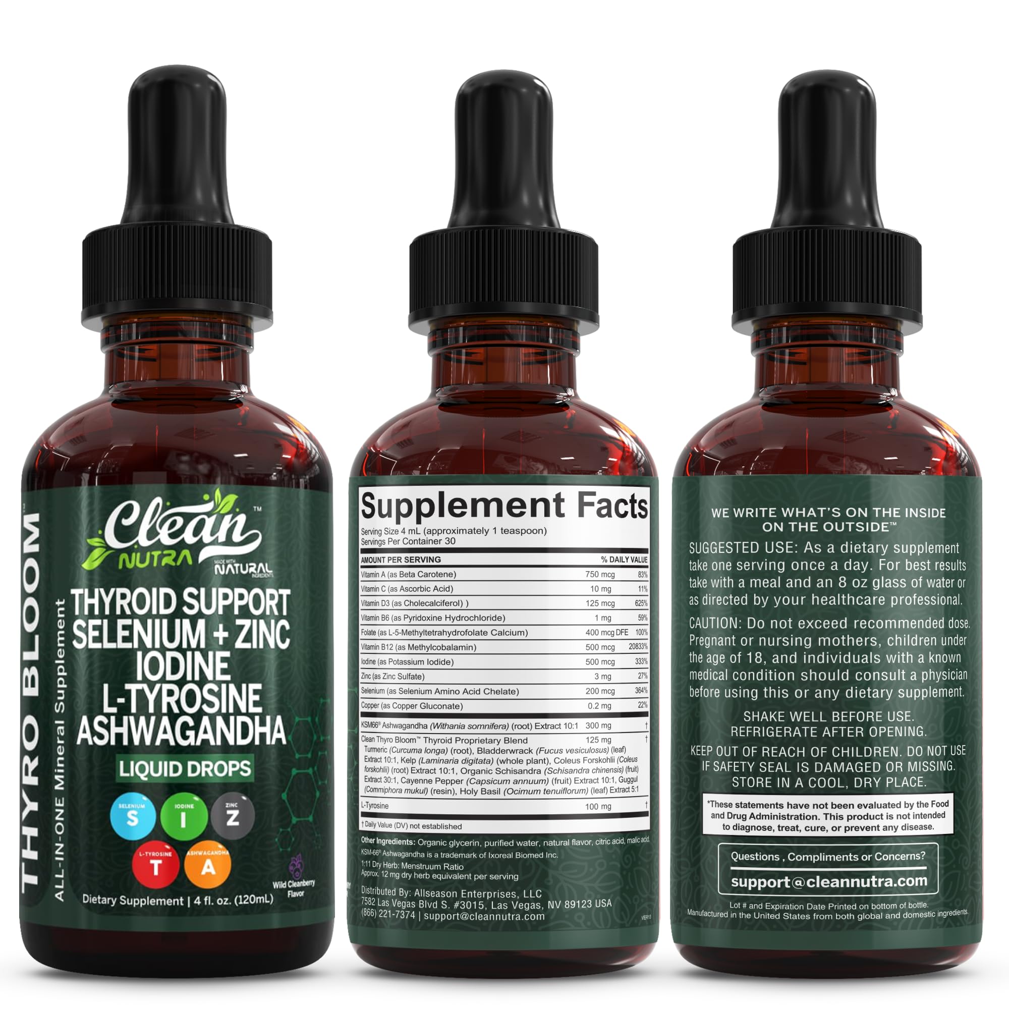 Bottle and packaging of Clean Nutraceuticals Thyroid Support Drops as an alternative to pills