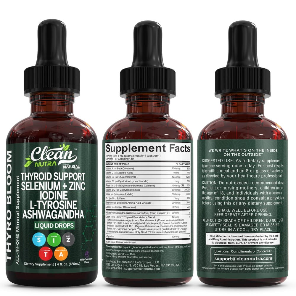 Bottle and packaging of Clean Nutraceuticals Thyroid Support Drops as an alternative to pills