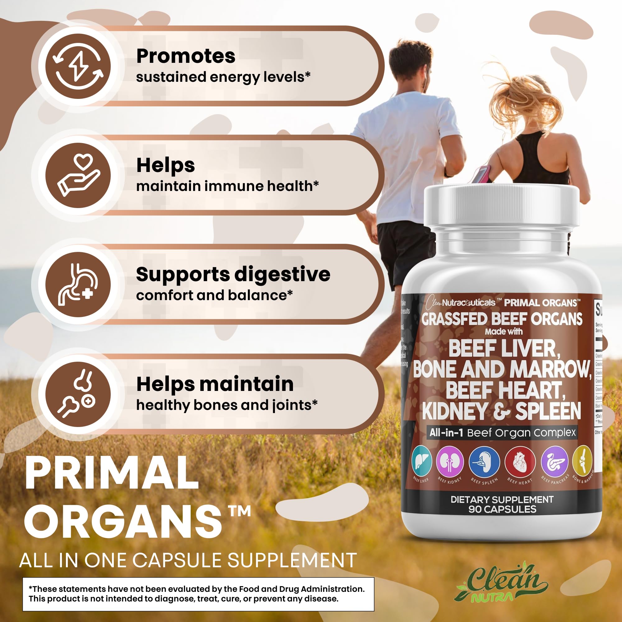 Clean Nutraceuticals USA-made beef organ supplement label.