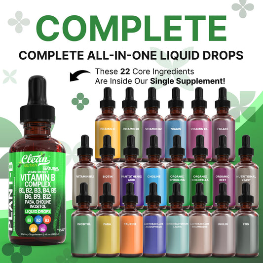 Clean Nutraceuticals B Complex Drops with dropper showing easy dosing for busy mornings.