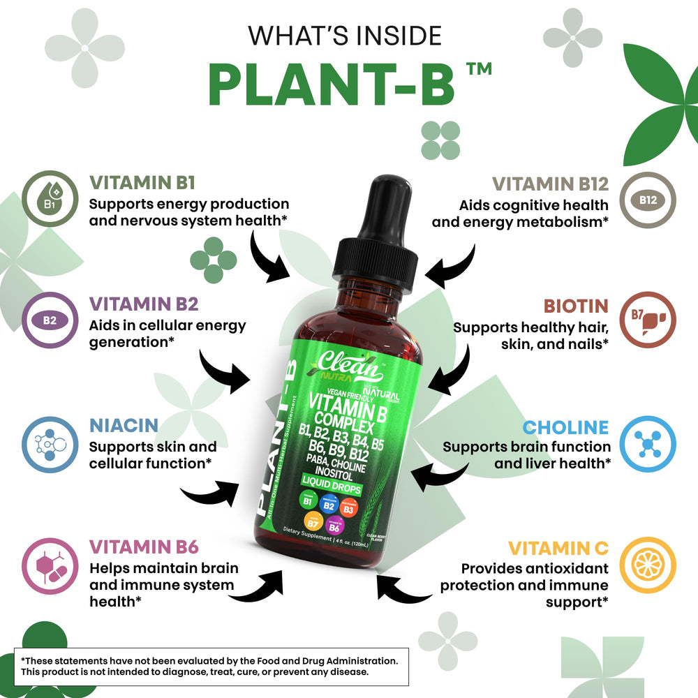 Clean Nutraceuticals Vitamin B Complex Drops label close-up emphasizing vegan and gluten-free formula.