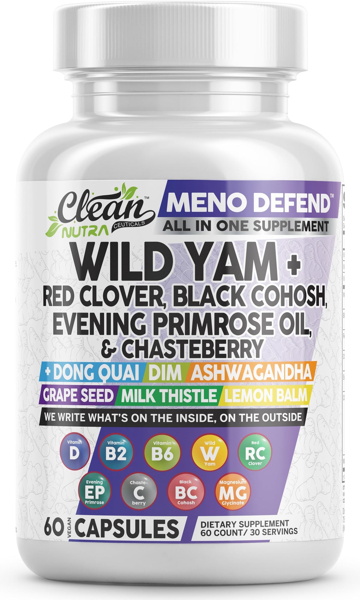 Clean Nutraceuticals Wild Yam Root capsules on bottle, potential hormonal balance support