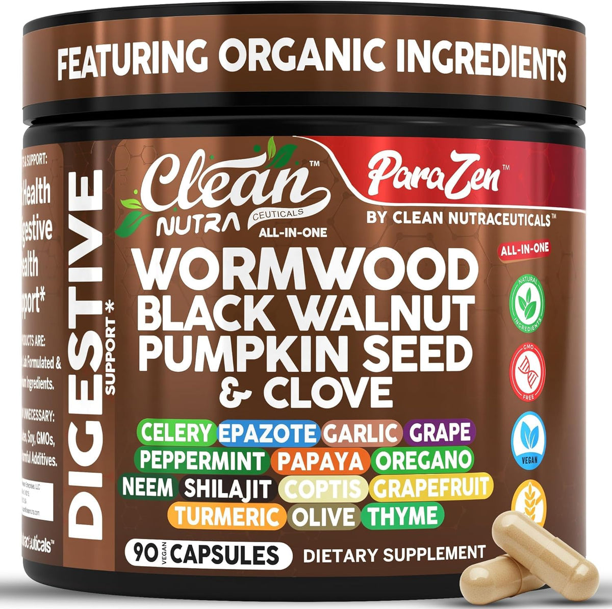 Clean Nutraceuticals wormwood-garlic-clove capsules support daily digestive balance.