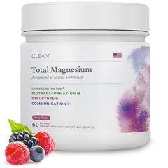 Clean Program Total Magnesium Complex bottle with berry flavor, ideal for relaxed evenings