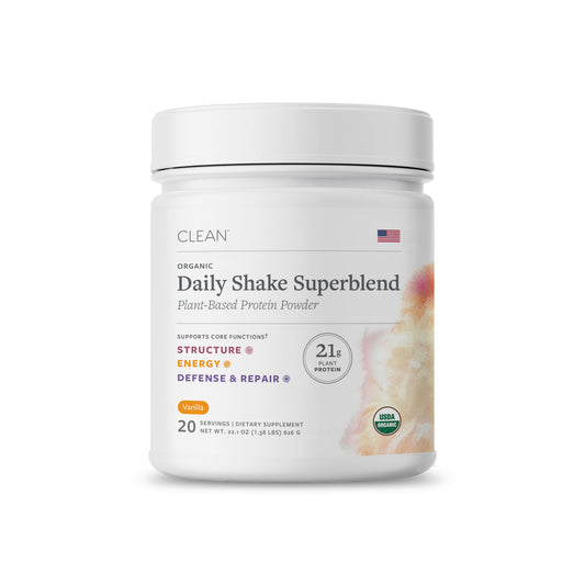 Clean Program vanilla protein powder jar highlights dairy-free vanilla nutrition for daily support.