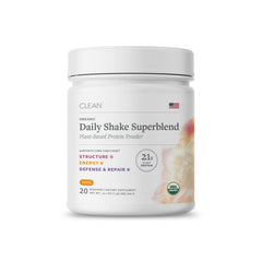 Clean Program vanilla protein powder jar highlights dairy-free vanilla nutrition for daily support.