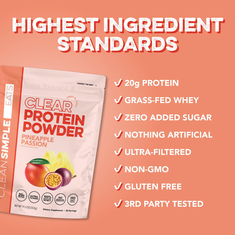 Clear Protein label communicates gluten-free, soy-free, no artificial ingredients.