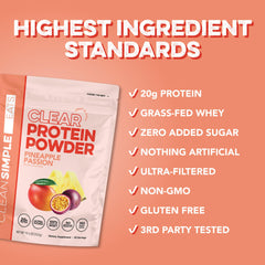 Clear Protein label communicates gluten-free, soy-free, no artificial ingredients.