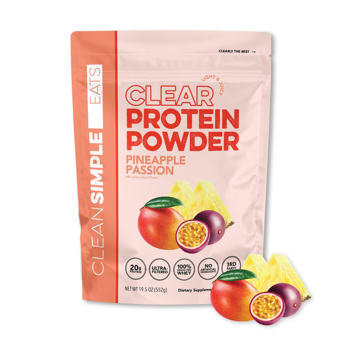 Clean Simple Eats Clear Protein Pineapple Passion bottle shows 20g protein per serving for workouts.