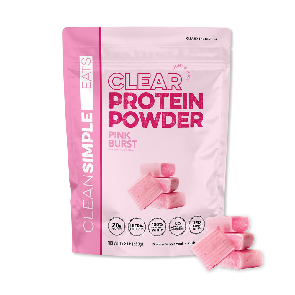 Clean Simple Eats Pink Burst bottle showing refreshing 20g protein on the go