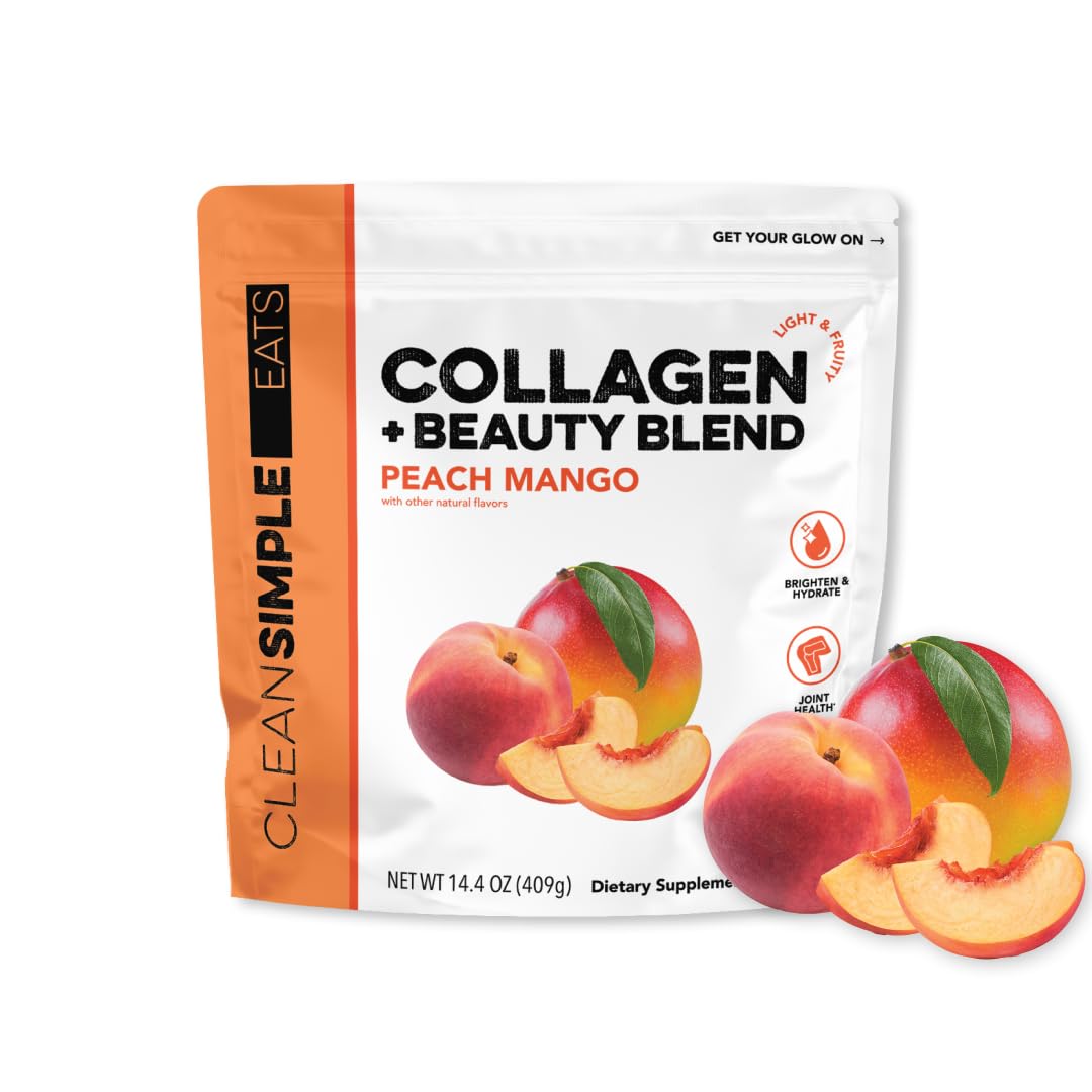 Pouring Clean Simple Eats Beauty Blend Peach Mango collagen for hydration.