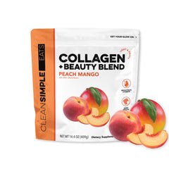 Pouring Clean Simple Eats Beauty Blend Peach Mango collagen for hydration.