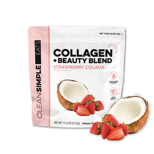 Clean Simple Eats Collagen Bottle with Beauty Blend in strawberry colada flavor boosts daily skincare rituals.