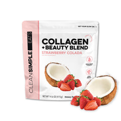 Clean Simple Eats Collagen Bottle with Beauty Blend in strawberry colada flavor boosts daily skincare rituals.
