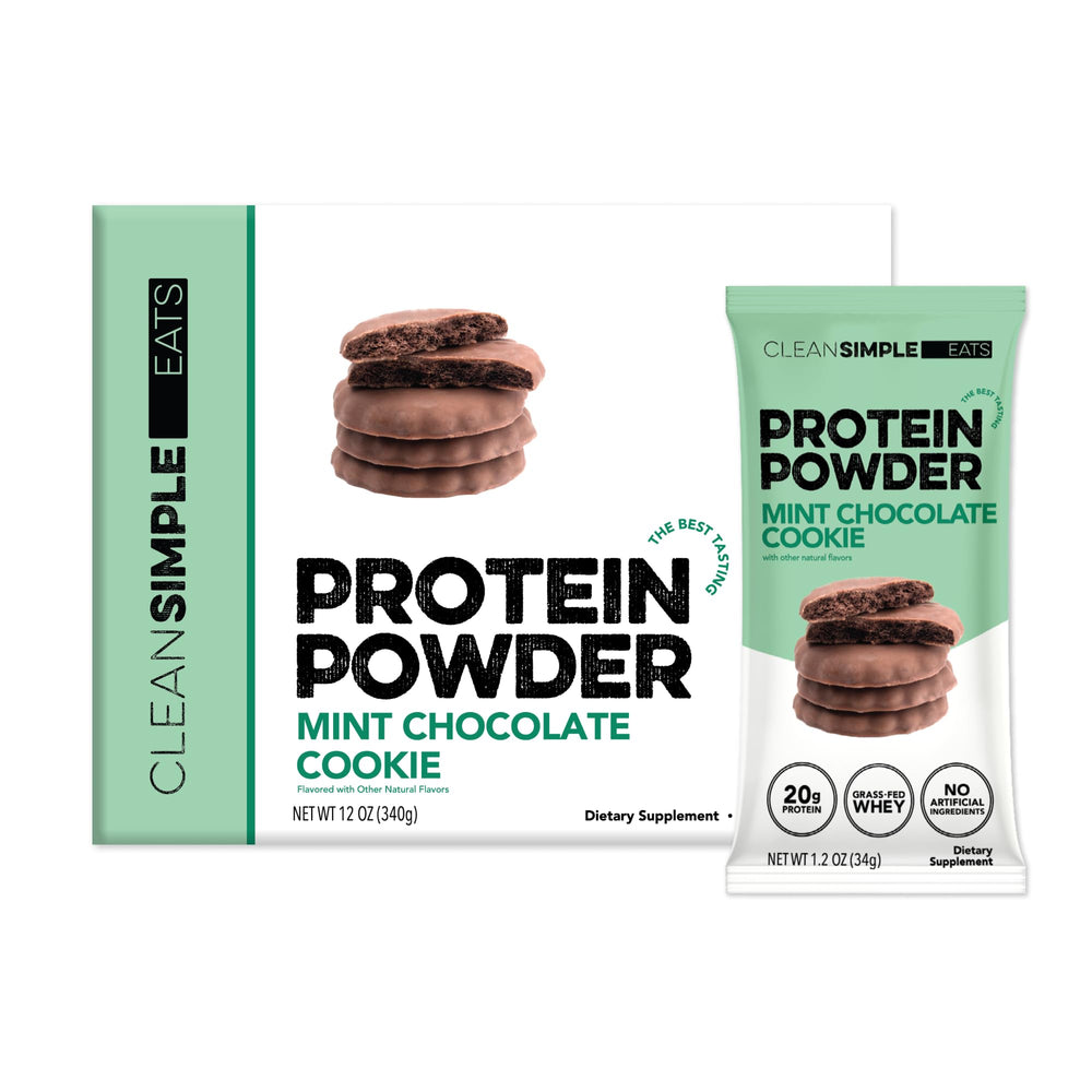 Clean Simple Eats Mint Chocolate Cookie powder tub highlighting gluten-free formula