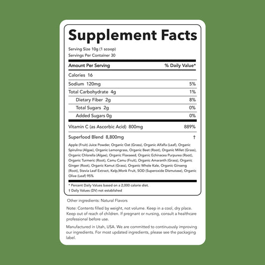 Clean Simple Eats Super Greens powder scoop in glass for quick hydration.