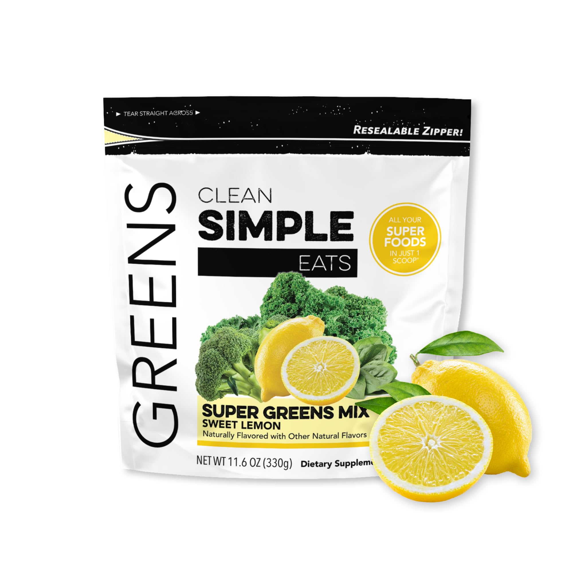 Clean Simple Eats Super Greens powder tub front showing convenient daily greens boost.