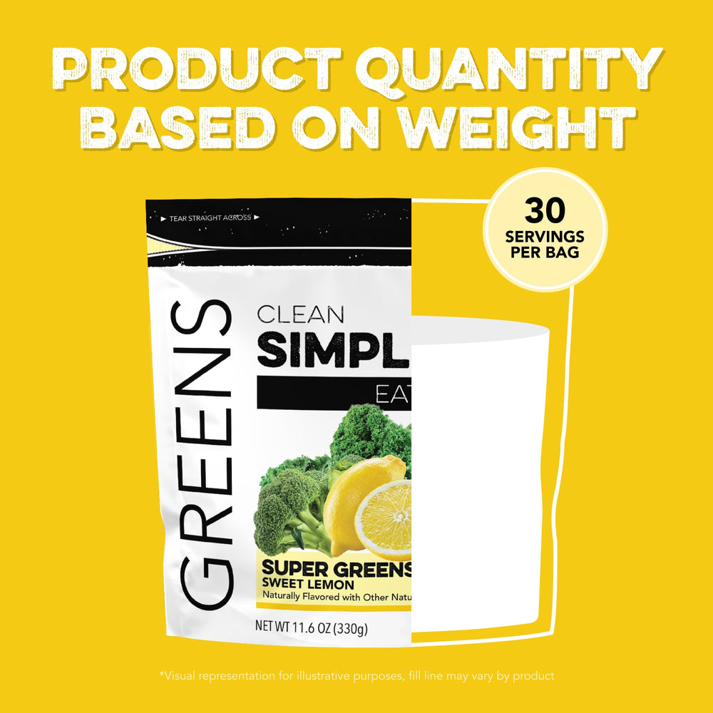 Clean Simple Eats Super Greens tub beside lemon water for natural flavor and digestion support.