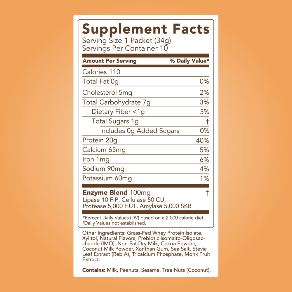 Label on Clean Simple Eats whey protein showing digestive enzymes and clean ingredients