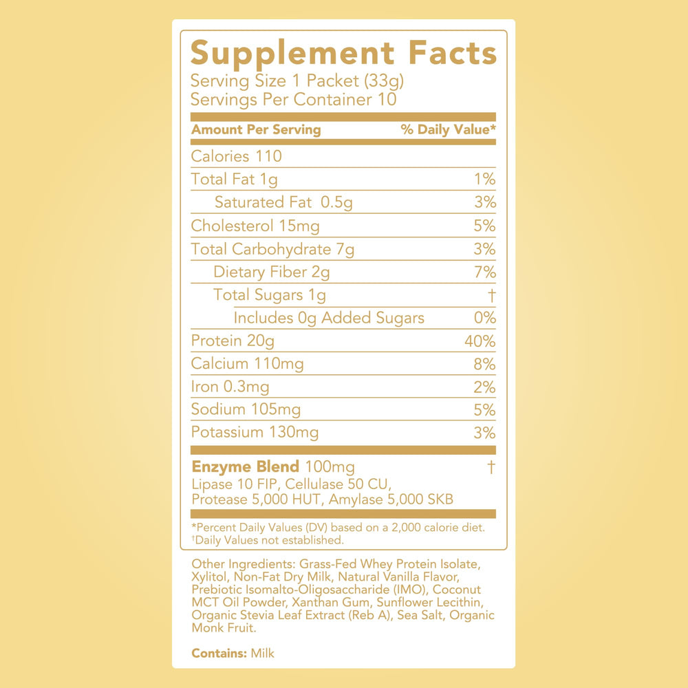 Digestive enzymes icon beside Clean Simple Eats Simply Vanilla powder for digestion support.