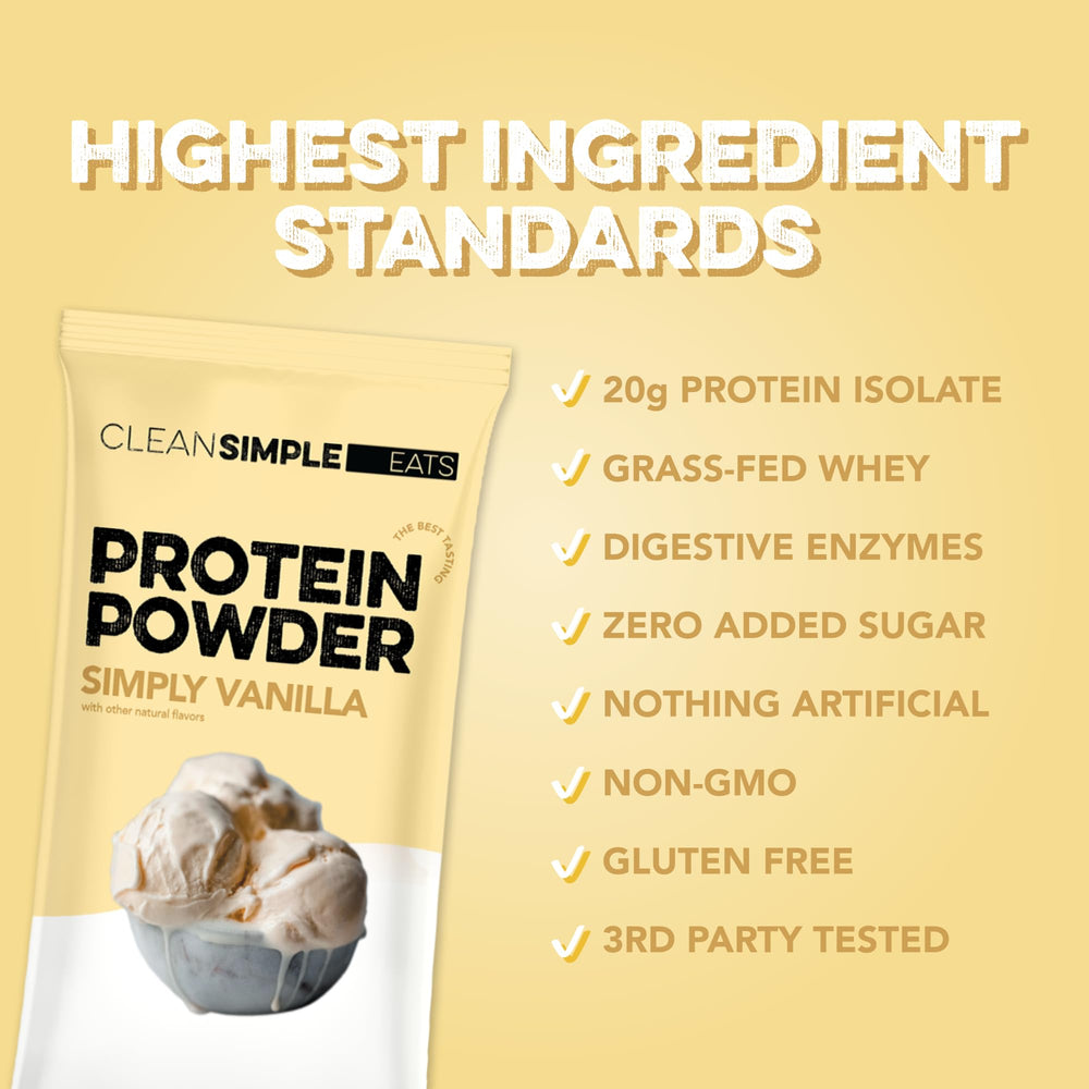 Pouring Clean Simple Eats Simply Vanilla powder into a shaker for quick fueling.