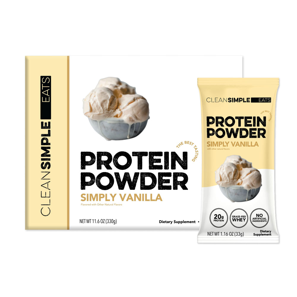 Clean Simple Eats Simply Vanilla whey protein in a stick pack for a quick protein boost.