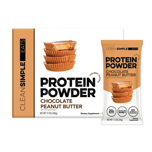 Clean Simple Eats whey protein stick pack chocolate peanut butter for on-the-go protein