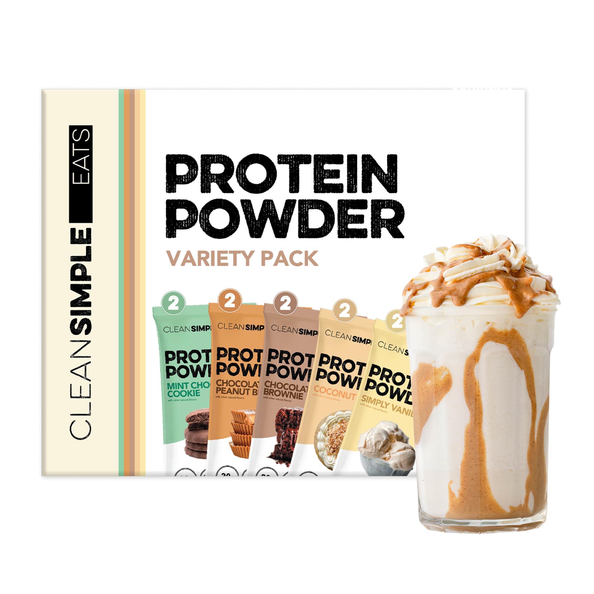 Clean Simple Eats whey protein variety pack box showing flavors for quick on-the-go shakes